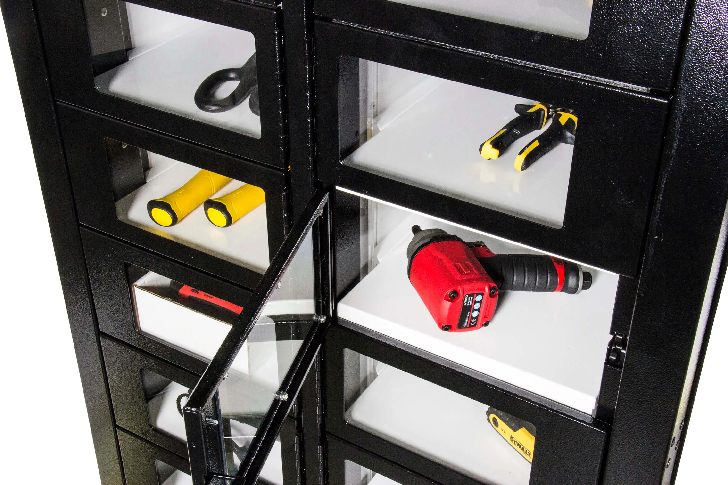 locker with different compartments holding tools